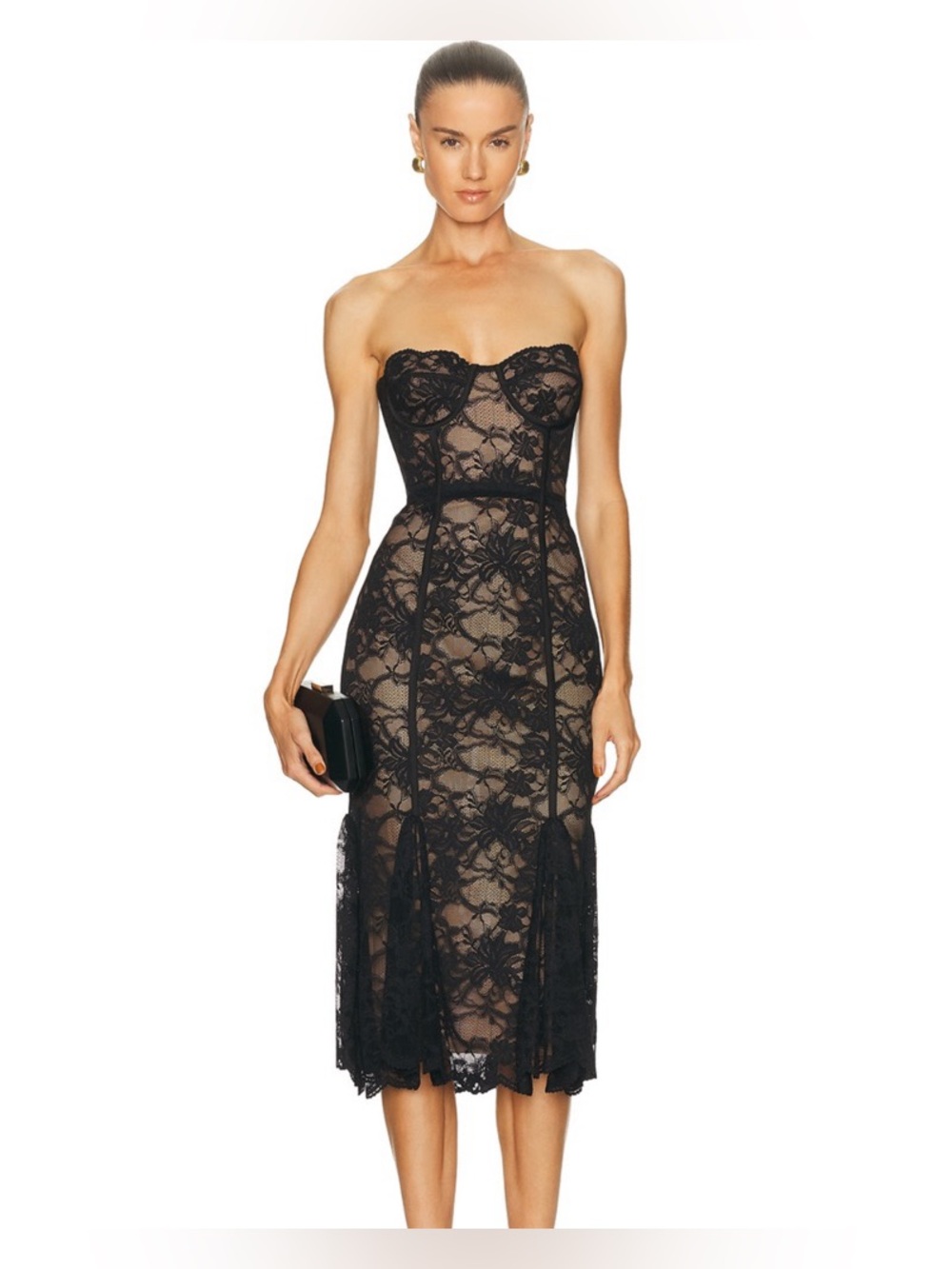 NEW LOBA Lucienne Strapless Lace Midi Dress in Black XXS
